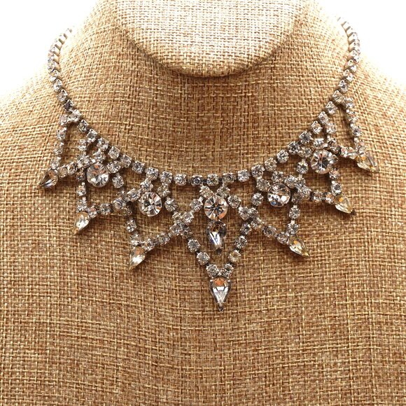 Elegant Vintage Cascading Crystal Choker Statement Necklace Adjustable 15" - Picture 2 of 13